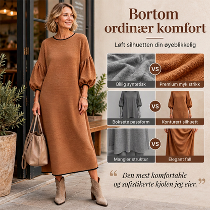 Midi-kjole for kvinner i strukturert strikk med puffermmer