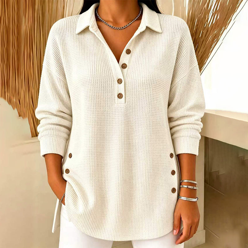 Damebluse med lange ermer i «waffle»-strikk