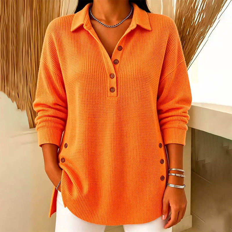 Damebluse med lange ermer i «waffle»-strikk