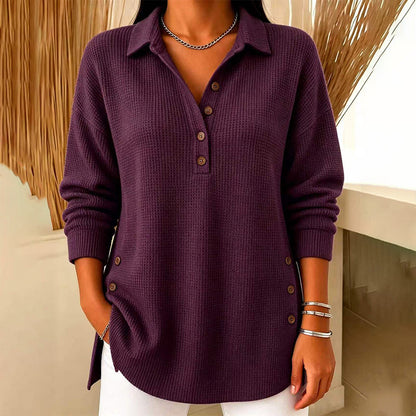 Damebluse med lange ermer i «waffle»-strikk