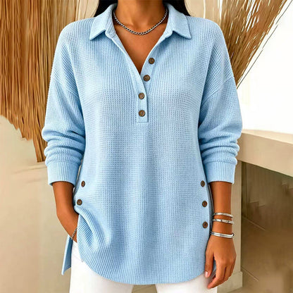 Damebluse med lange ermer i «waffle»-strikk