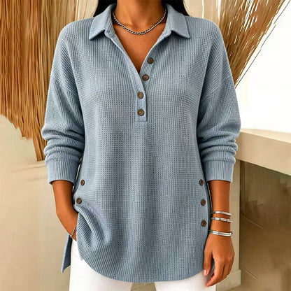 Damebluse med lange ermer i «waffle»-strikk