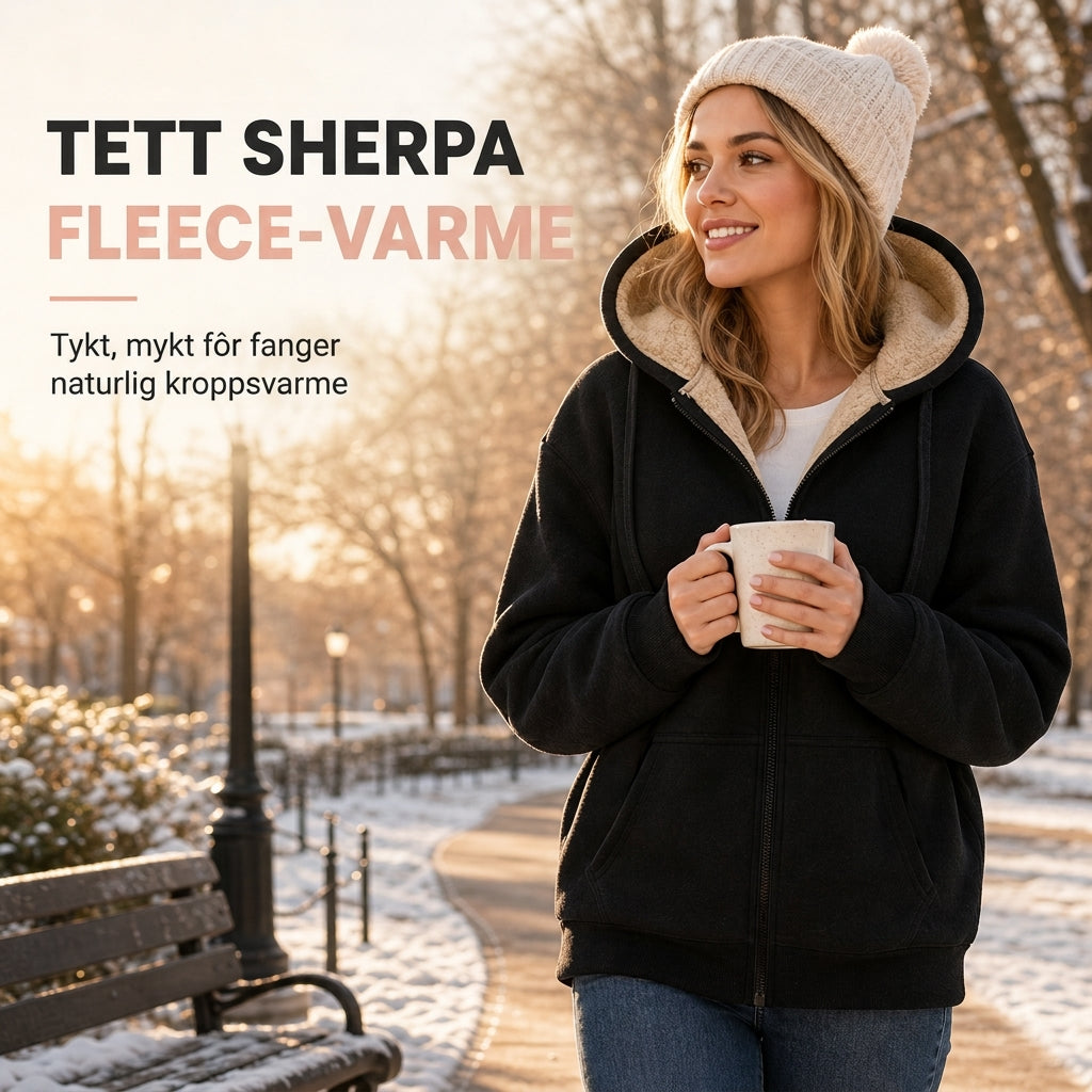 Varm vinter-fleece-genser med hette for damer