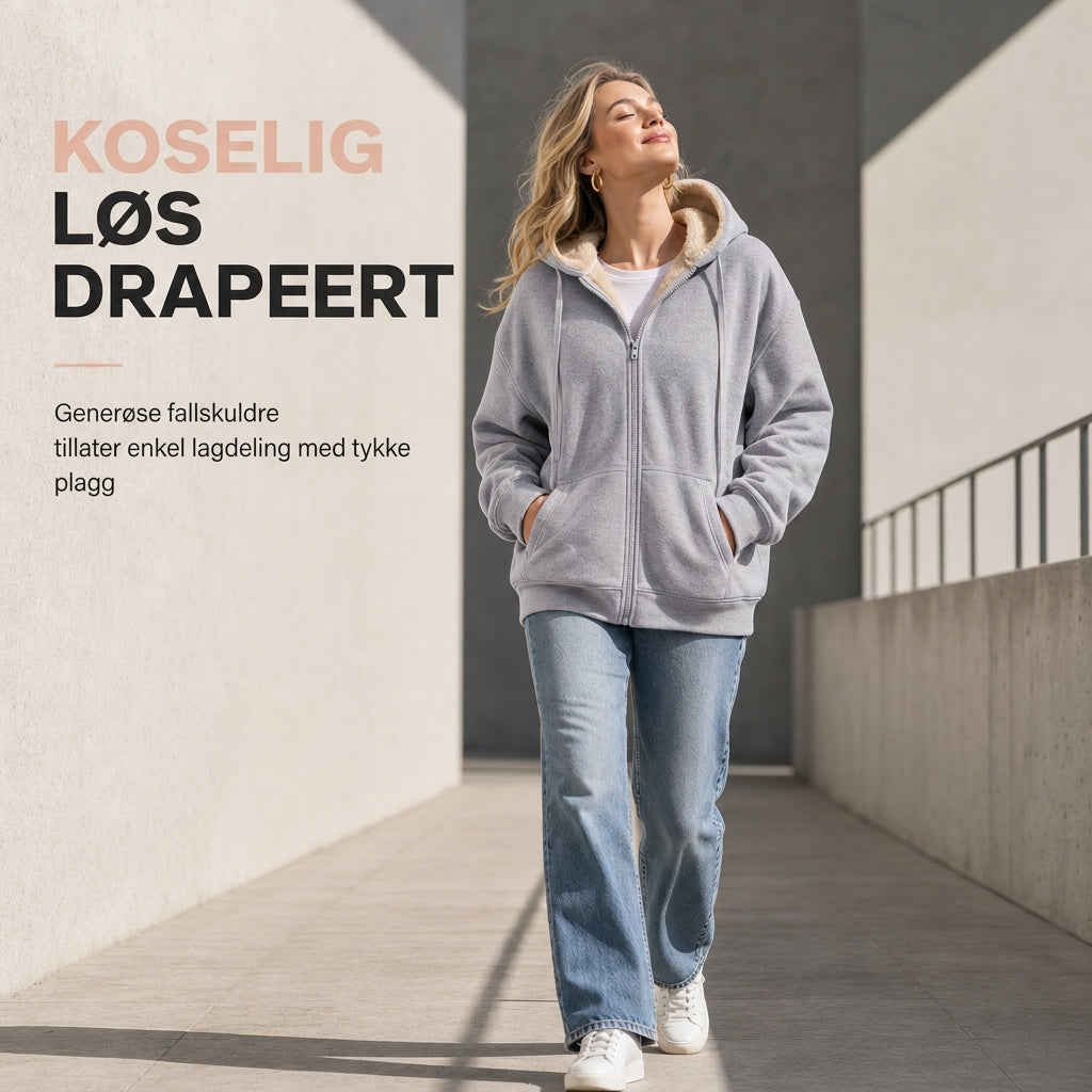 Varm vinter-fleece-genser med hette for damer