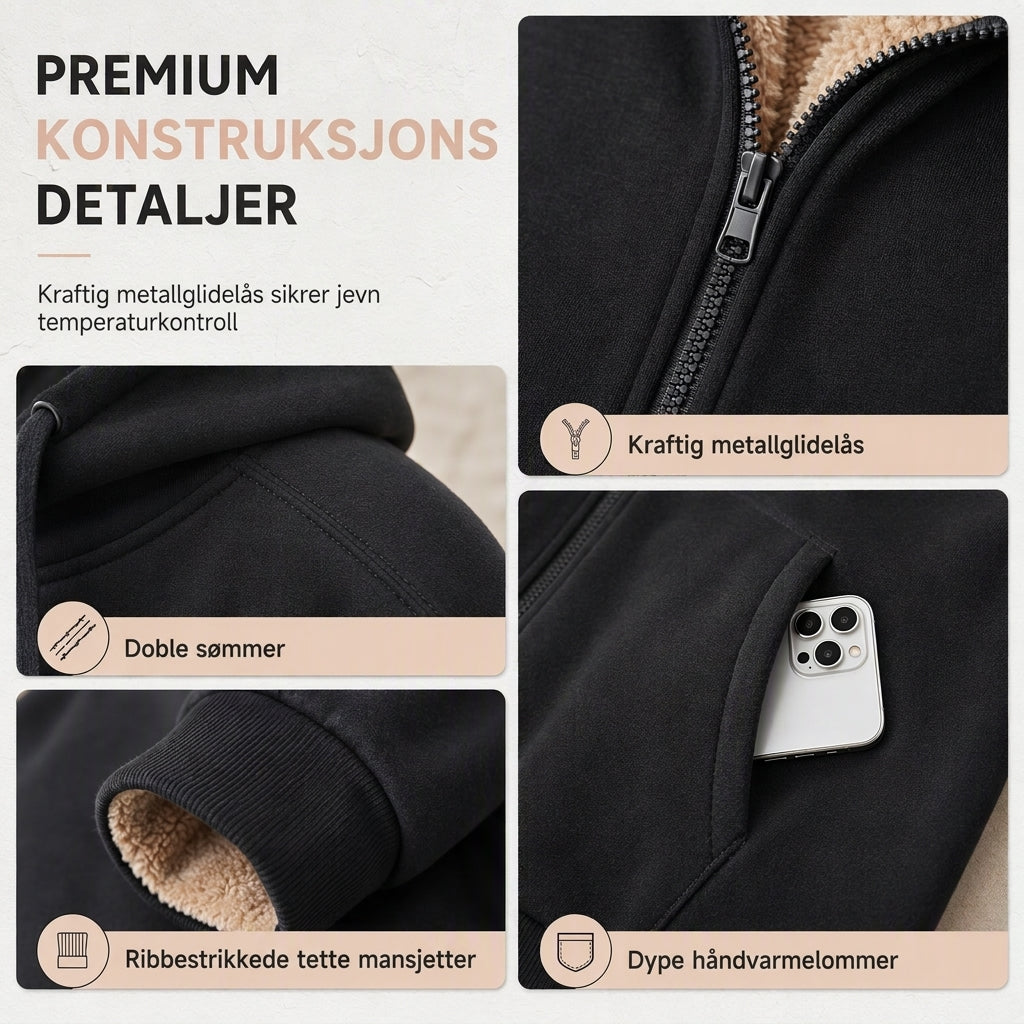 Varm vinter-fleece-genser med hette for damer