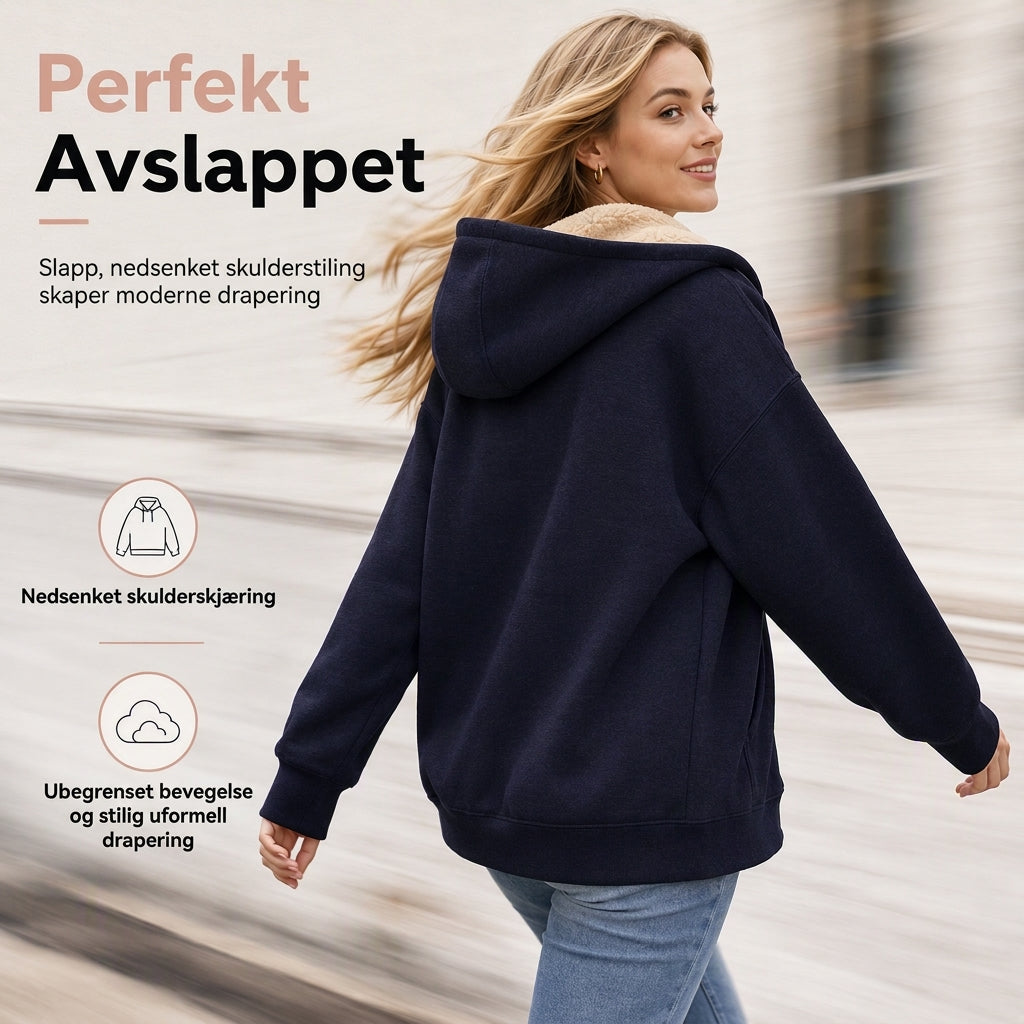 Varm vinter-fleece-genser med hette for damer