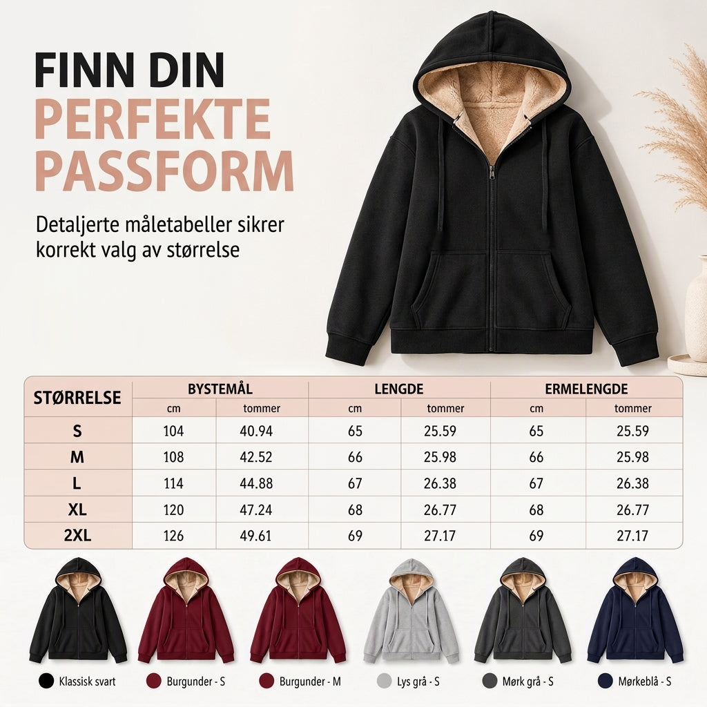 Varm vinter-fleece-genser med hette for damer