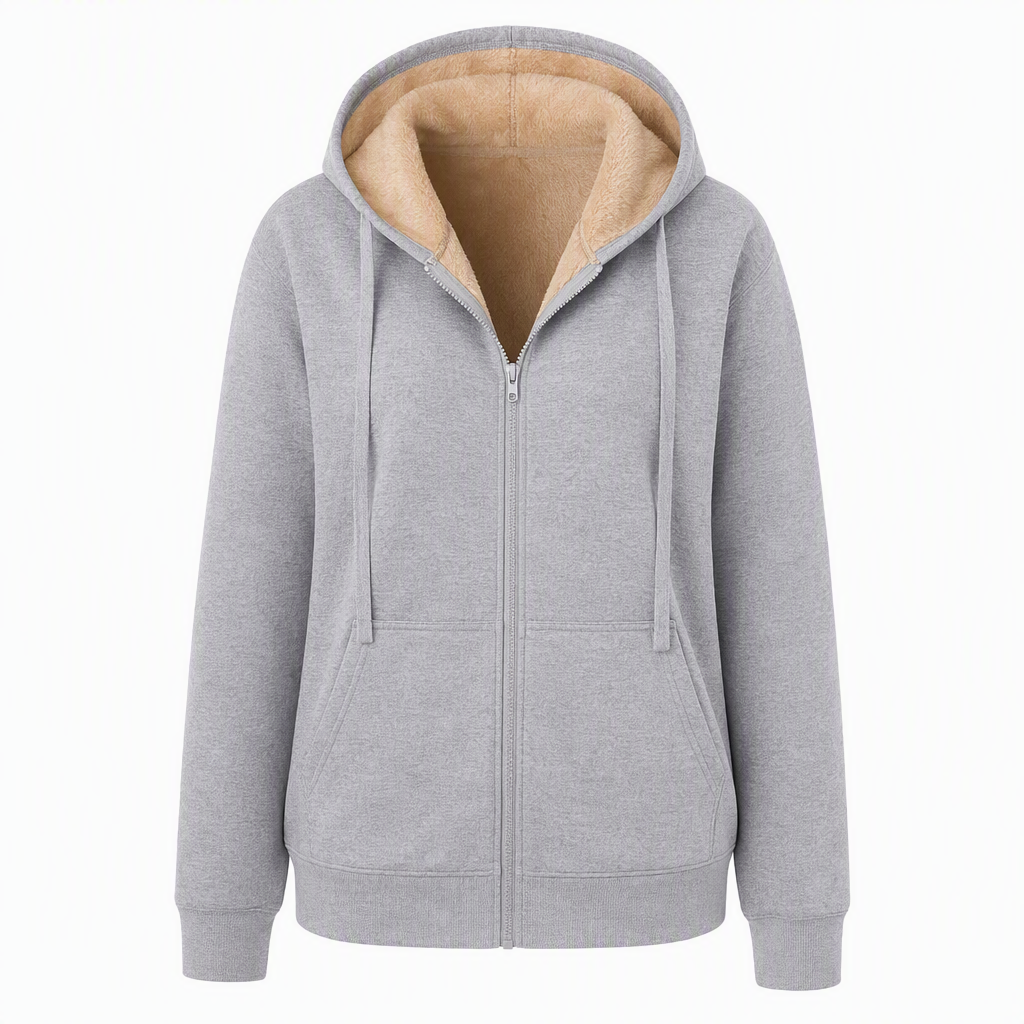 Varm vinter-fleece-genser med hette for damer