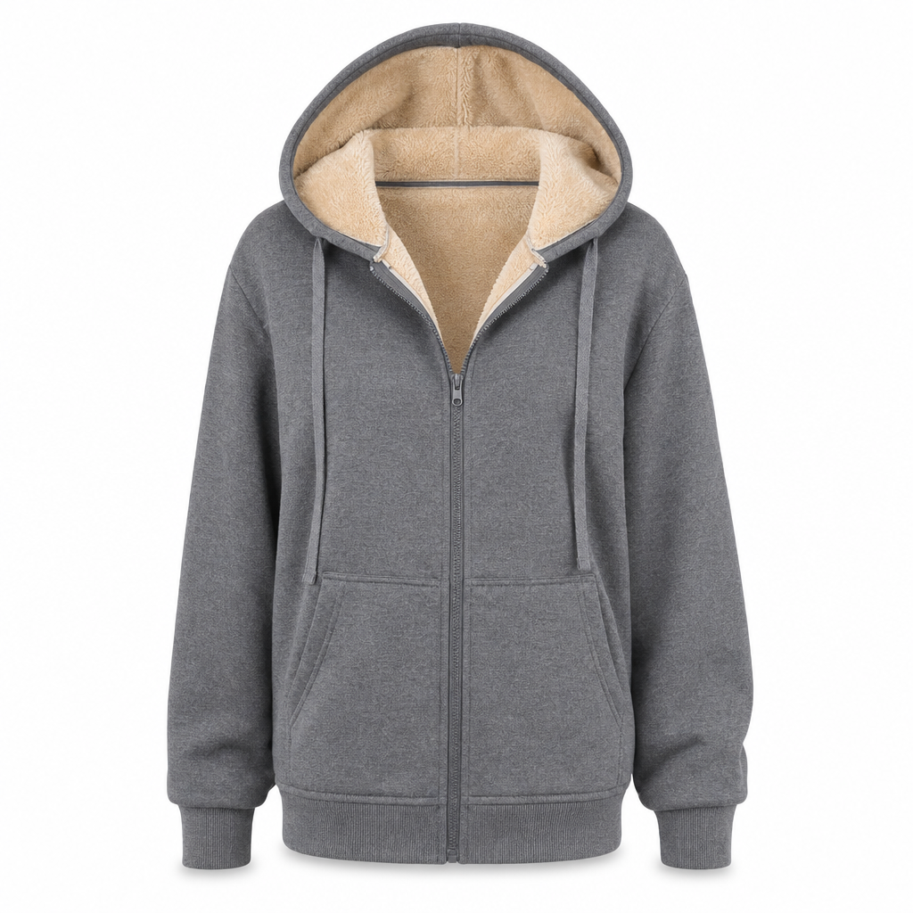 Varm vinter-fleece-genser med hette for damer