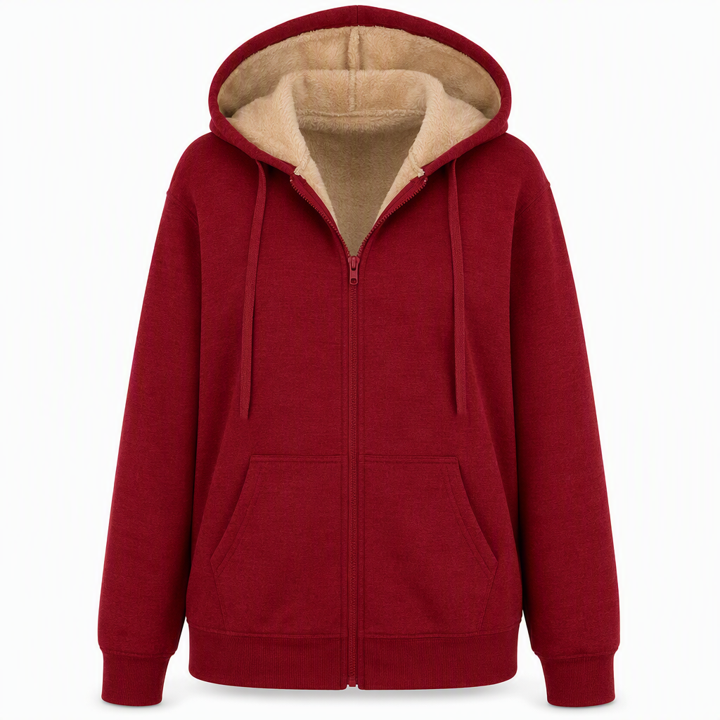 Varm vinter-fleece-genser med hette for damer