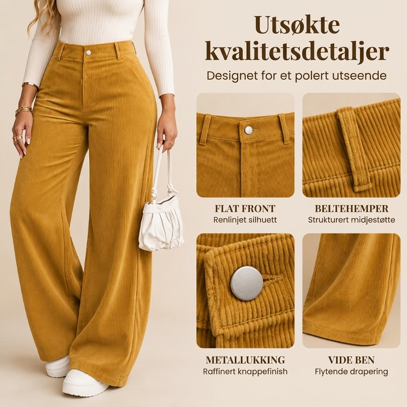 Avslappede bukse i corduroy med vidt bein for kvinner
