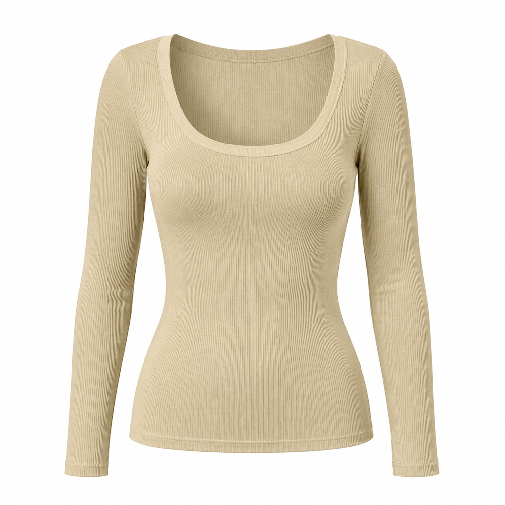 Dames vierkante hals lange mouwen ribgebreid slim passend T-shirt