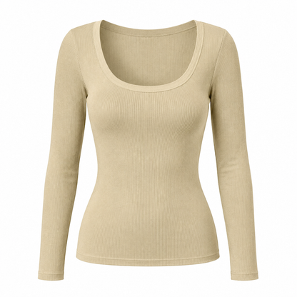 Dames vierkante hals lange mouwen ribgebreid slim passend T-shirt