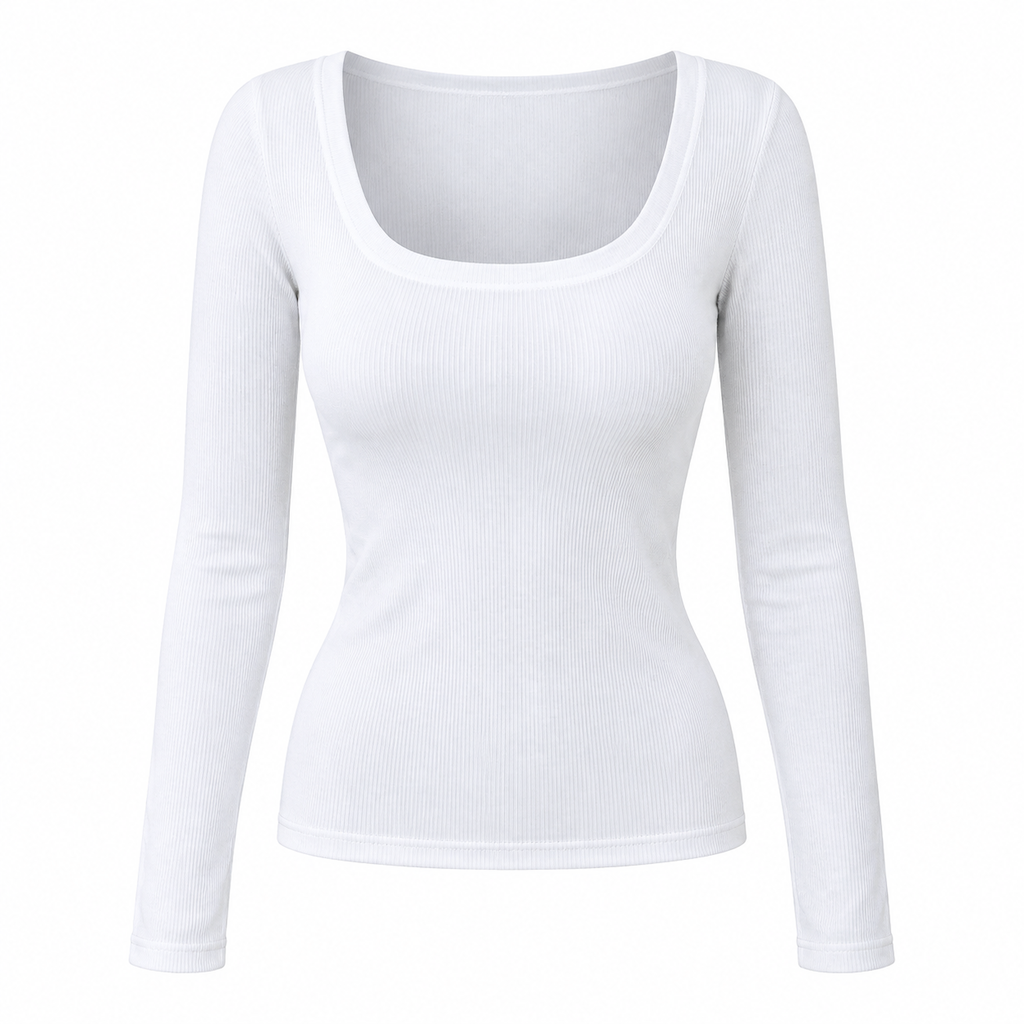 Dames vierkante hals lange mouwen ribgebreid slim passend T-shirt