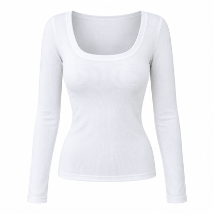 Dames vierkante hals lange mouwen ribgebreid slim passend T-shirt
