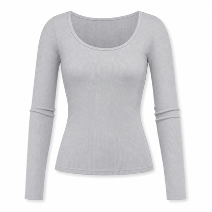 Dames vierkante hals lange mouwen ribgebreid slim passend T-shirt