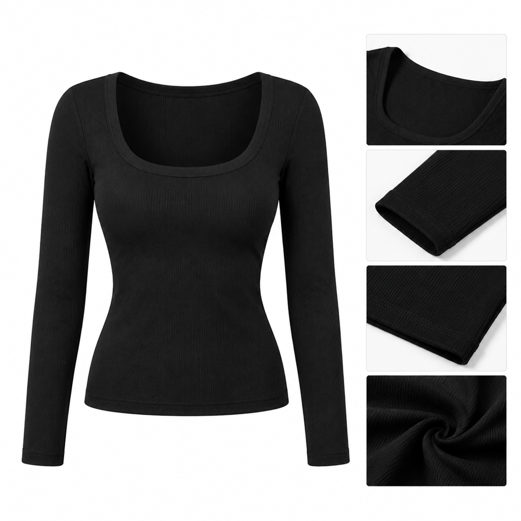 Dames vierkante hals lange mouwen ribgebreid slim passend T-shirt