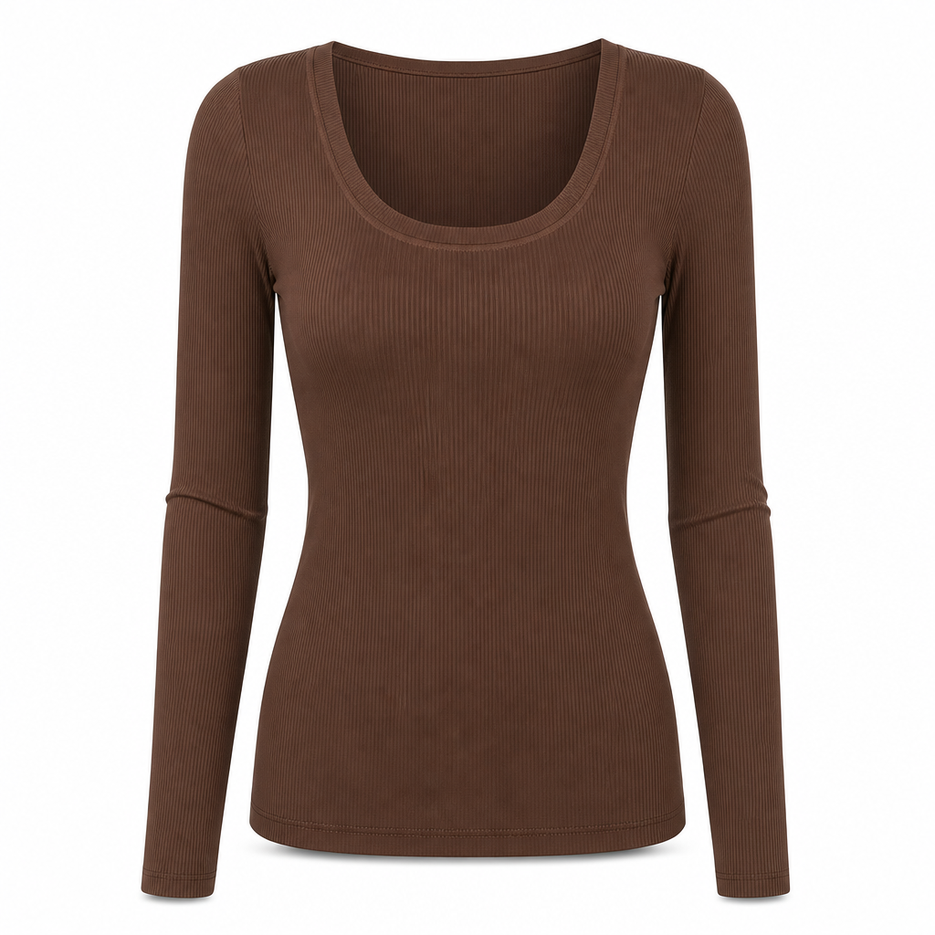 Dames vierkante hals lange mouwen ribgebreid slim passend T-shirt
