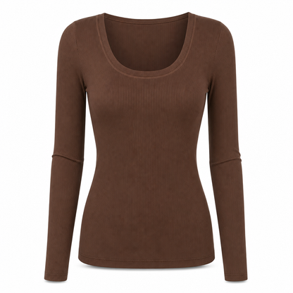 Dames vierkante hals lange mouwen ribgebreid slim passend T-shirt