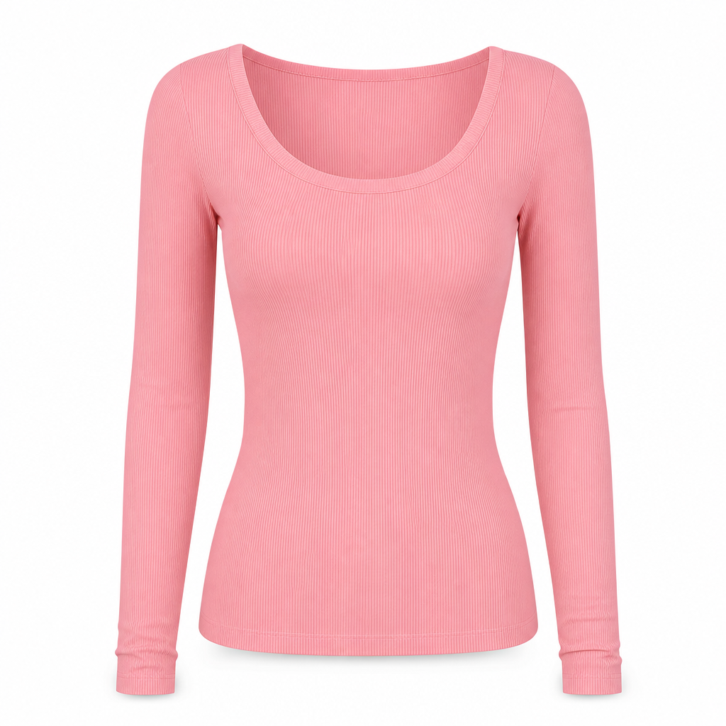 Dames vierkante hals lange mouwen ribgebreid slim passend T-shirt