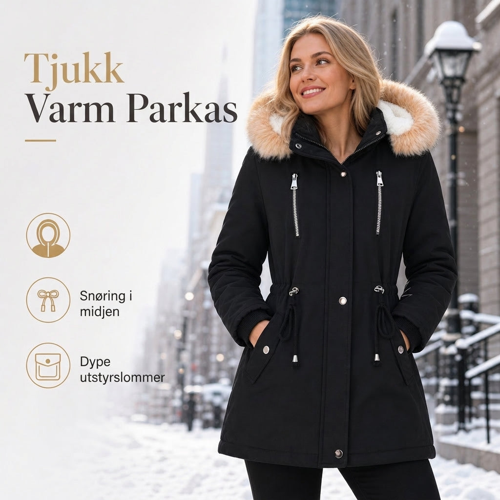 Vinterparkasjakkje for kvinner med hette av kunstig pels