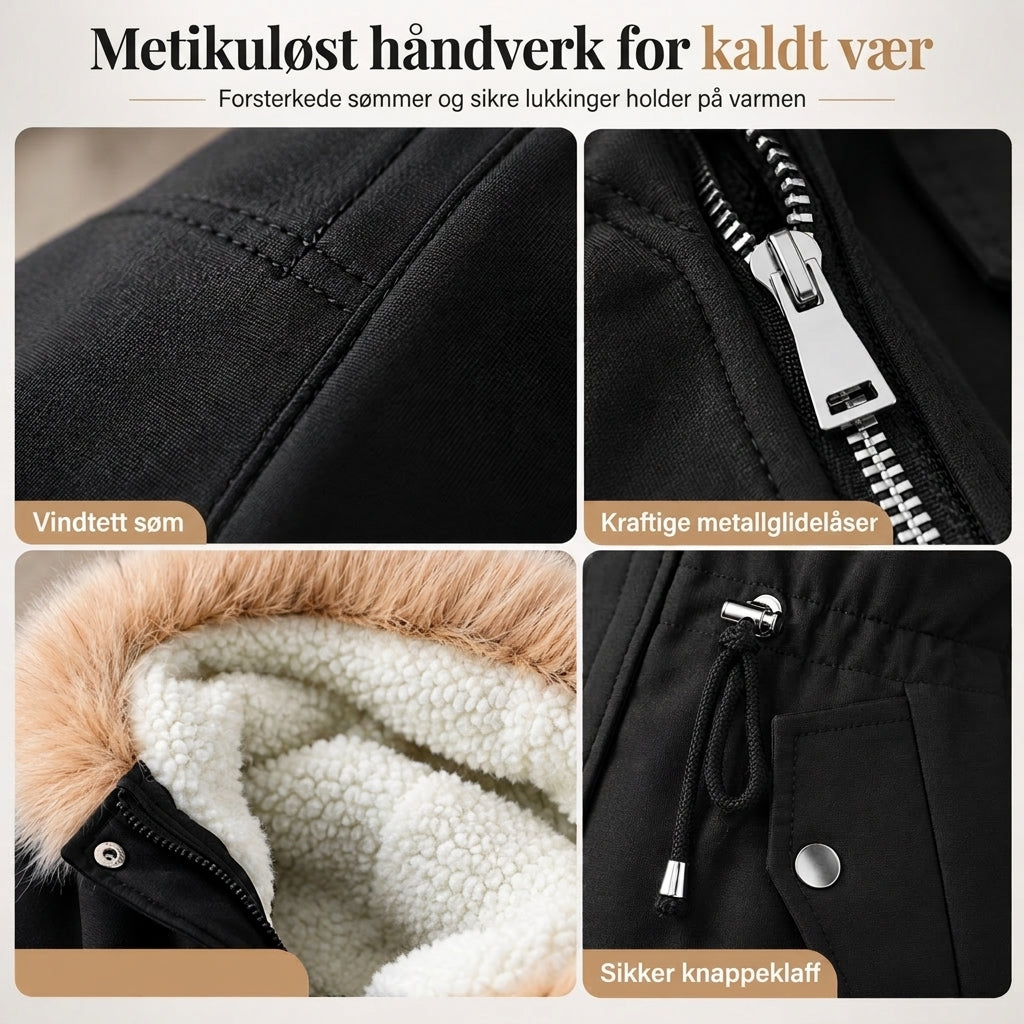 Vinterparkasjakkje for kvinner med hette av kunstig pels