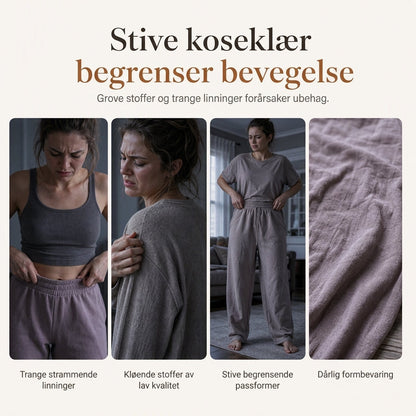 Avslappet strikket todelt sett for kvinner med ermelang topp med midjesnit og høytailede vidde bukser