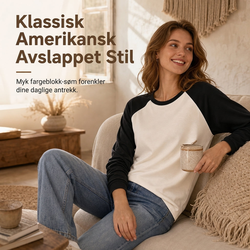 Løs, uformell T-skjorte med rund hals og lange ermer for kvinner – pullover-top med fargeblokker