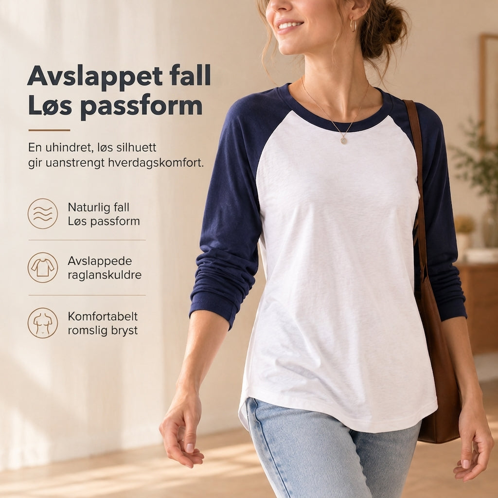 Løs, uformell T-skjorte med rund hals og lange ermer for kvinner – pullover-top med fargeblokker