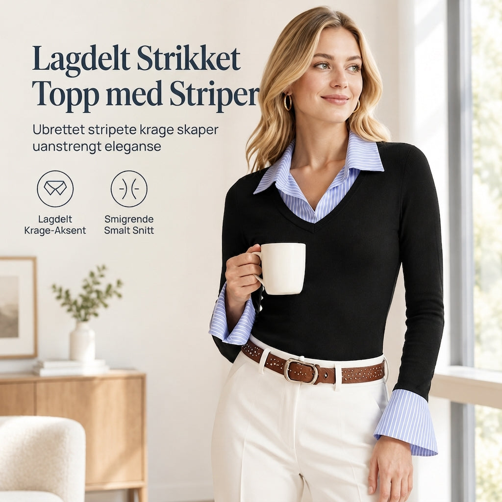 🌸Spesialtilbud: 50 % rabatt💖Stripet, to-delt strikket genser med lange ermer i imitert ull for damer – Slim Fit