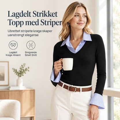 🌸Spesialtilbud: 50 % rabatt💖Stripet, to-delt strikket genser med lange ermer i imitert ull for damer – Slim Fit