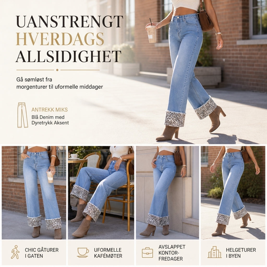 Bukser i denim for kvinner, Leopardprint, Vaskede, Strekk, Avslappet og Fargerike