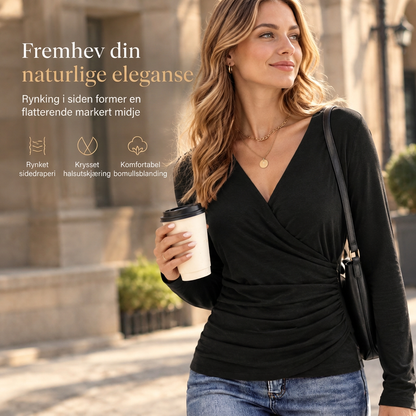 Dameslank pas V-hals langermet, rynket midje topp for vår og høst
