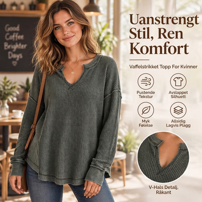 Langermet V-hals genser i vaffelstrikk for damer