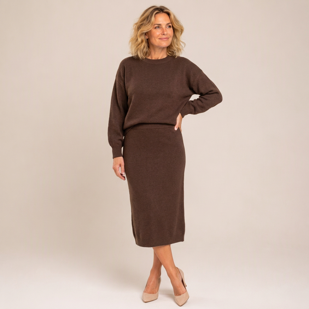 Sett med strikket crewneck-topp og midikjole for kvinner