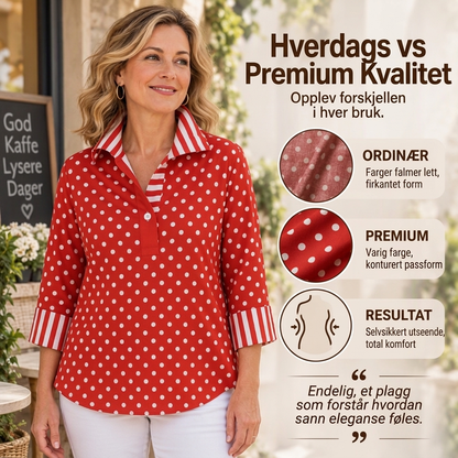Kvinnelig skjorte med prikkmønster og stripet krage