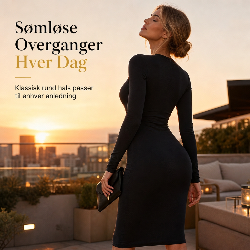 Elegant langermet kjole med rund utringning og figureggende passform