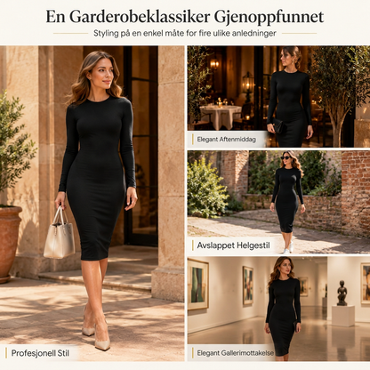 Elegant langermet kjole med rund utringning og figureggende passform
