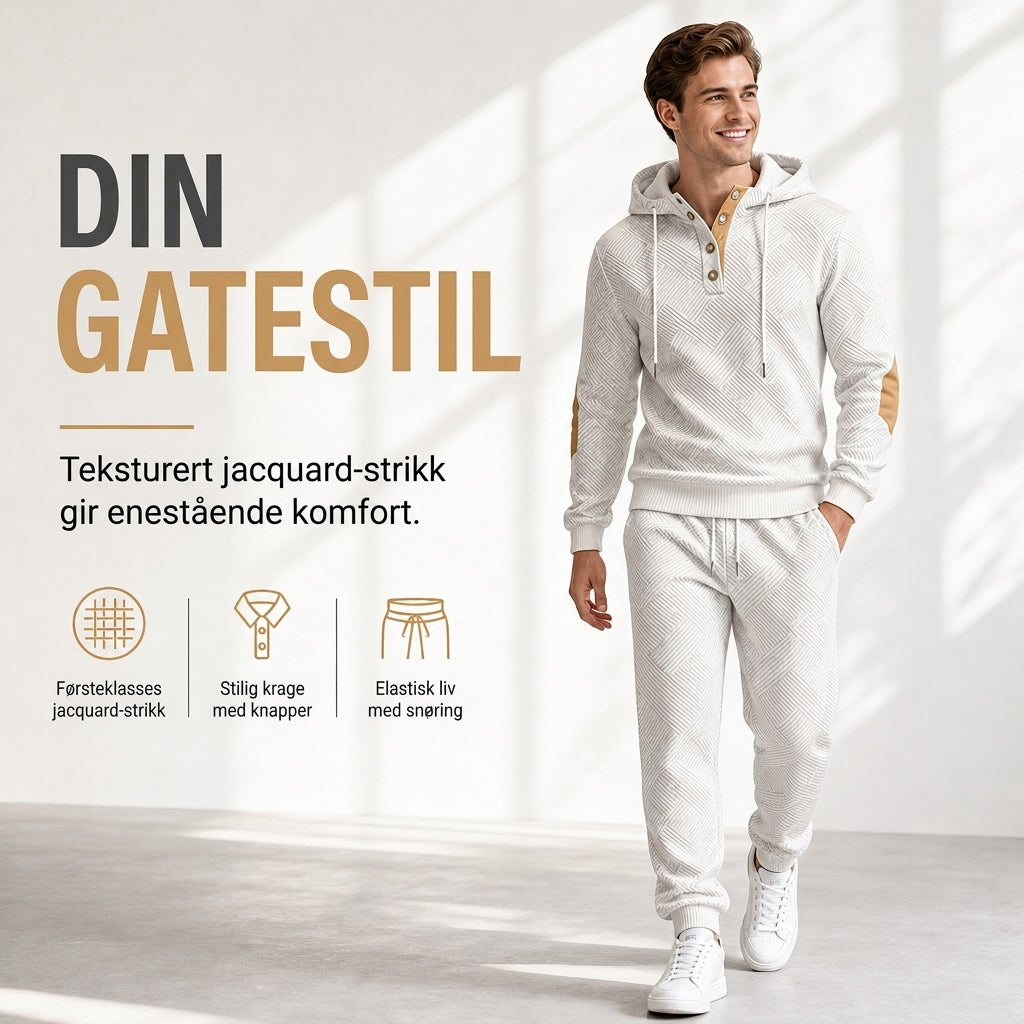 Herresett i jacquard, 2 deler – Genser med hette og bukse for høst/vinter, Avslappende treningsdress