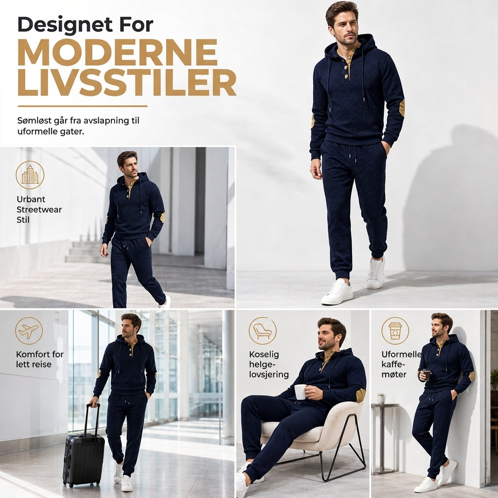 Herresett i jacquard, 2 deler – Genser med hette og bukse for høst/vinter, Avslappende treningsdress