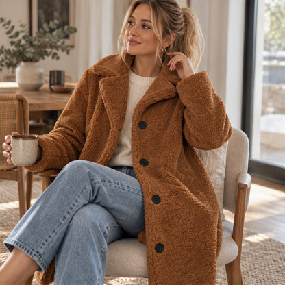🧸 50% RABATT – Varm teddyjakke med slagkrage for dame | Myk knappelukket vinterkåpe