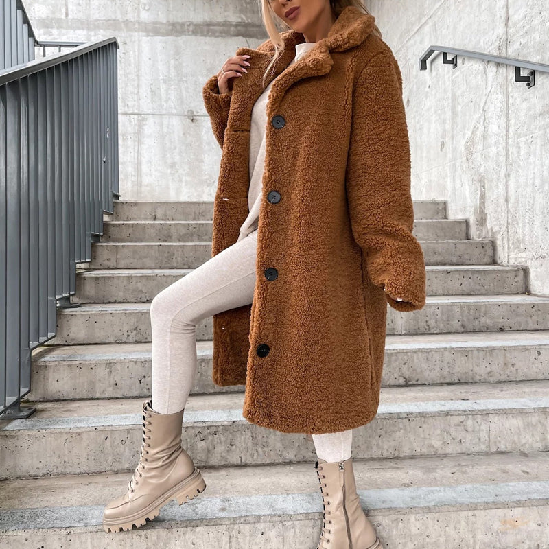 🧸 50% RABATT – Varm teddyjakke med slagkrage for dame | Myk knappelukket vinterkåpe