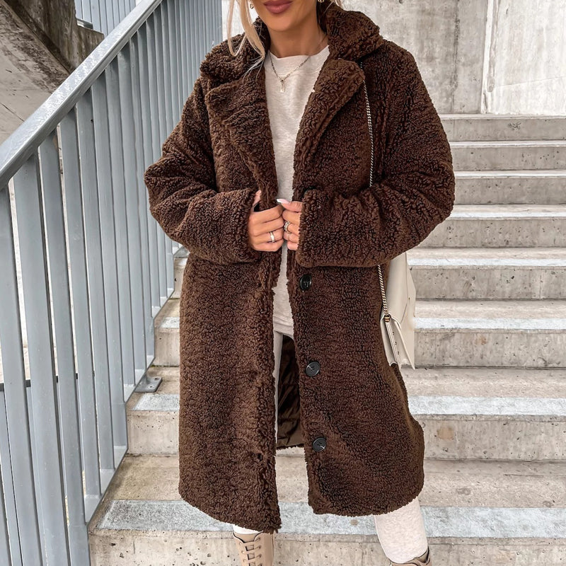 🧸 50% RABATT – Varm teddyjakke med slagkrage for dame | Myk knappelukket vinterkåpe