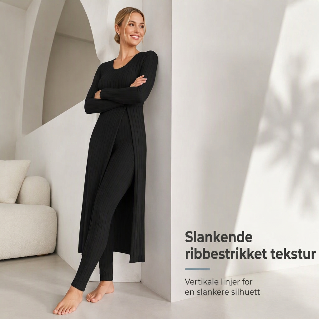 ✨ Enkel hverdagskomfort | 2-delt sett med ribbet, lang topp og slim-fit bukse for kvinner