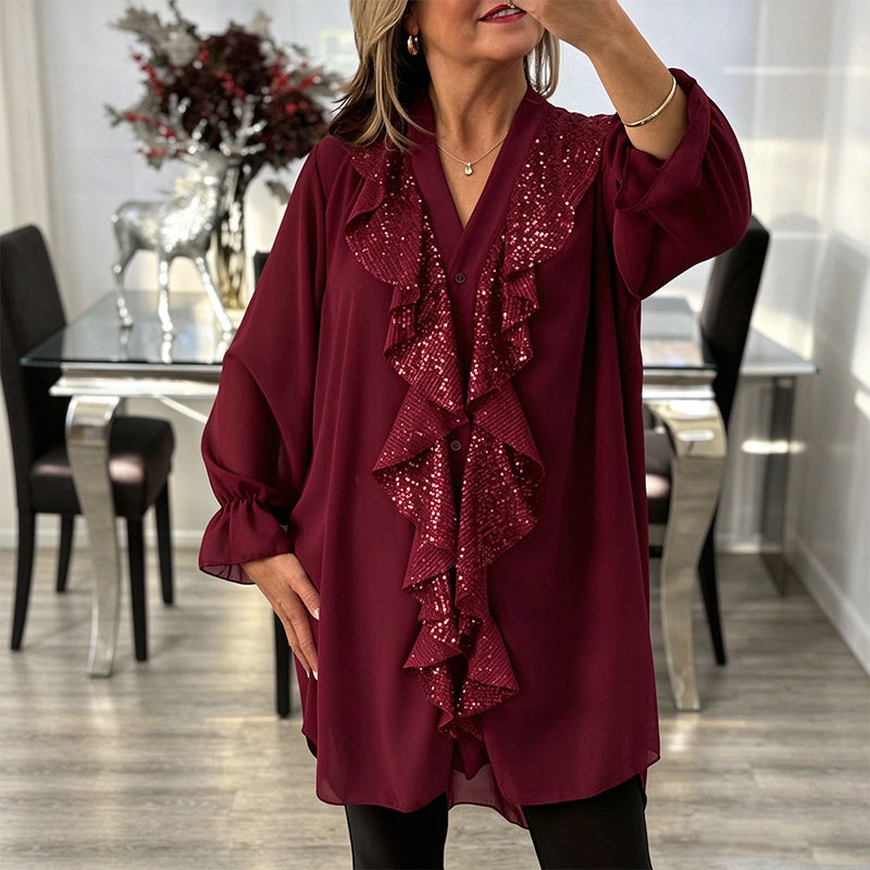 Damenes V-halset sequin-sammensatt chiffong-topp