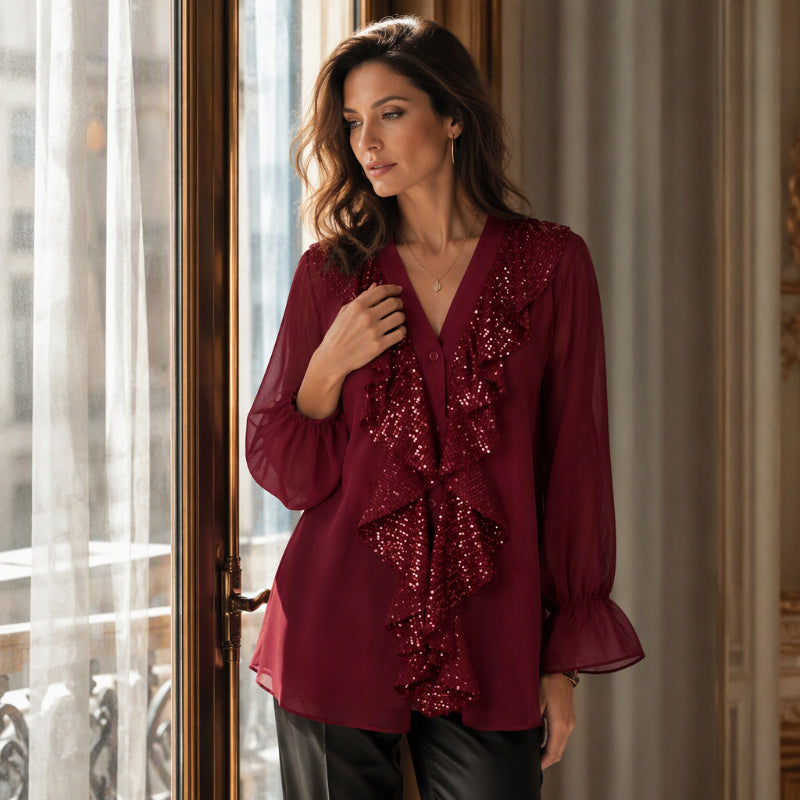 Damenes V-halset sequin-sammensatt chiffong-topp