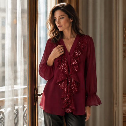 Damenes V-halset sequin-sammensatt chiffong-topp
