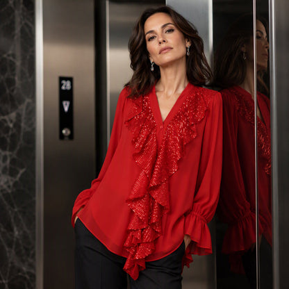 Damenes V-halset sequin-sammensatt chiffong-topp