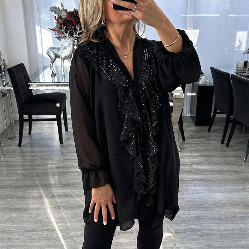 Damenes V-halset sequin-sammensatt chiffong-topp