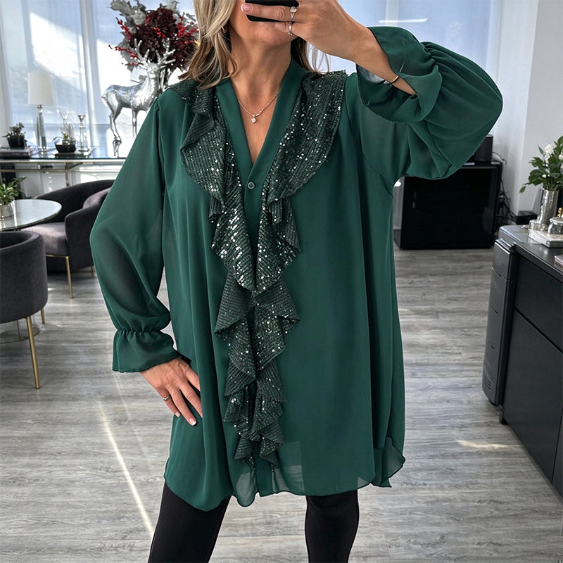 Damenes V-halset sequin-sammensatt chiffong-topp